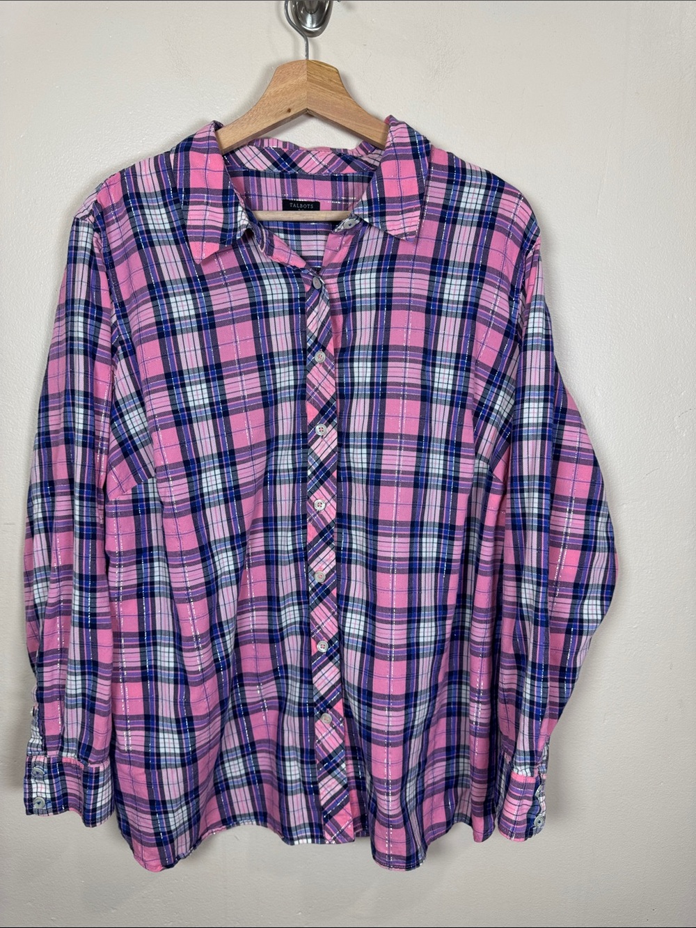 Talbots Womens Plus Size 2X Plaid Button-Down Shirt Pink Shimmer Festive Preppy
